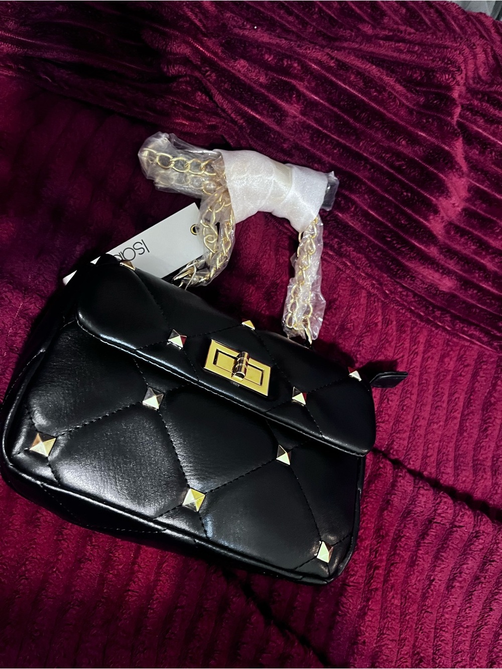 Black Quilted Crossbody Bag with Gold Studs and Chain Strap